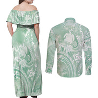 Aloha Hawaii Turtles Floral Couples Matching Off Shoulder Maxi Dress and Long Sleeve Button Shirt Seafoam Marbles Glaze LT7 - Polynesian Pride