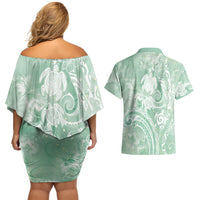 Aloha Hawaii Turtles Floral Couples Matching Off Shoulder Short Dress and Hawaiian Shirt Seafoam Marbles Glaze LT7 - Polynesian Pride