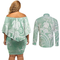 Aloha Hawaii Turtles Floral Couples Matching Off Shoulder Short Dress and Long Sleeve Button Shirt Seafoam Marbles Glaze LT7 - Polynesian Pride