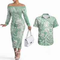Aloha Hawaii Turtles Floral Couples Matching Off The Shoulder Long Sleeve Dress and Hawaiian Shirt Seafoam Marbles Glaze LT7 Seafoam - Polynesian Pride