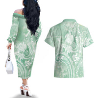 Aloha Hawaii Turtles Floral Couples Matching Off The Shoulder Long Sleeve Dress and Hawaiian Shirt Seafoam Marbles Glaze LT7 - Polynesian Pride