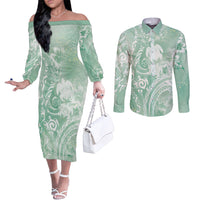 Aloha Hawaii Turtles Floral Couples Matching Off The Shoulder Long Sleeve Dress and Long Sleeve Button Shirt Seafoam Marbles Glaze LT7 Seafoam - Polynesian Pride