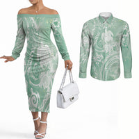 Aloha Hawaii Turtles Floral Couples Matching Off The Shoulder Long Sleeve Dress and Long Sleeve Button Shirt Seafoam Marbles Glaze LT7 Seafoam - Polynesian Pride