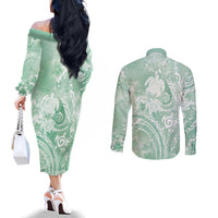 Aloha Hawaii Turtles Floral Couples Matching Off The Shoulder Long Sleeve Dress and Long Sleeve Button Shirt Seafoam Marbles Glaze LT7 - Polynesian Pride