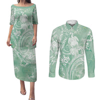 Aloha Hawaii Turtles Floral Couples Matching Puletasi and Long Sleeve Button Shirt Seafoam Marbles Glaze LT7 Seafoam - Polynesian Pride