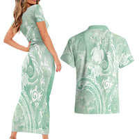 Aloha Hawaii Turtles Floral Couples Matching Short Sleeve Bodycon Dress and Hawaiian Shirt Seafoam Marbles Glaze LT7 - Polynesian Pride
