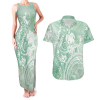 Aloha Hawaii Turtles Floral Couples Matching Tank Maxi Dress and Hawaiian Shirt Seafoam Marbles Glaze LT7 Seafoam - Polynesian Pride