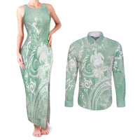 Aloha Hawaii Turtles Floral Couples Matching Tank Maxi Dress and Long Sleeve Button Shirt Seafoam Marbles Glaze LT7 Seafoam - Polynesian Pride