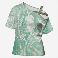 Aloha Hawaii Turtles Floral Cross Shoulder Shirt Seafoam Marbles Glaze LT7 Female Seafoam - Polynesian Pride