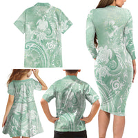 Aloha Hawaii Turtles Floral Family Matching Long Sleeve Bodycon Dress and Hawaiian Shirt Seafoam Marbles Glaze LT7 - Polynesian Pride