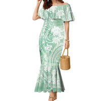 Aloha Hawaii Turtles Floral Family Matching Mermaid Dress and Hawaiian Shirt Seafoam Marbles Glaze LT7 Mom's Dress Seafoam - Polynesian Pride