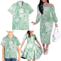 Aloha Hawaii Turtles Floral Family Matching Off The Shoulder Long Sleeve Dress and Hawaiian Shirt Seafoam Marbles Glaze LT7 - Polynesian Pride