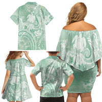 Aloha Hawaii Turtles Floral Family Matching Off Shoulder Short Dress and Hawaiian Shirt Seafoam Marbles Glaze LT7 - Polynesian Pride