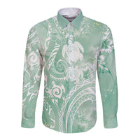 Aloha Hawaii Turtles Floral Long Sleeve Button Shirt Seafoam Marbles Glaze LT7 Unisex Seafoam - Polynesian Pride