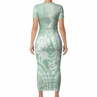 Aloha Hawaii Turtles Floral Short Sleeve Bodycon Dress Seafoam Marbles Glaze LT7 - Polynesian Pride