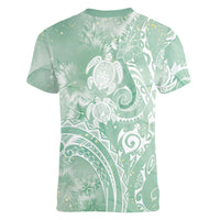 Aloha Hawaii Turtles Floral Women V-Neck T-Shirt Seafoam Marbles Glaze LT7 - Polynesian Pride