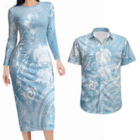 Aloha Hawaii Turtles Floral Couples Matching Long Sleeve Bodycon Dress and Hawaiian Shirt Aqua Marbles Glaze LT7 Aqua - Polynesian Pride