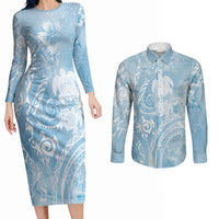 Aloha Hawaii Turtles Floral Couples Matching Long Sleeve Bodycon Dress and Long Sleeve Button Shirt Aqua Marbles Glaze LT7 Aqua - Polynesian Pride