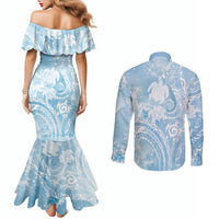 Aloha Hawaii Turtles Floral Couples Matching Mermaid Dress and Long Sleeve Button Shirt Aqua Marbles Glaze LT7 - Polynesian Pride