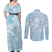 Aloha Hawaii Turtles Floral Couples Matching Off Shoulder Maxi Dress and Long Sleeve Button Shirt Aqua Marbles Glaze LT7 - Polynesian Pride