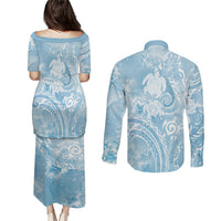 Aloha Hawaii Turtles Floral Couples Matching Puletasi and Long Sleeve Button Shirt Aqua Marbles Glaze LT7 - Polynesian Pride