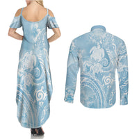 Aloha Hawaii Turtles Floral Couples Matching Summer Maxi Dress and Long Sleeve Button Shirt Aqua Marbles Glaze LT7 - Polynesian Pride
