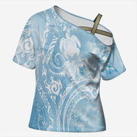 Aloha Hawaii Turtles Floral Cross Shoulder Shirt Aqua Marbles Glaze LT7 Female Aqua - Polynesian Pride