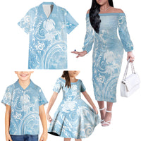 Aloha Hawaii Turtles Floral Family Matching Off The Shoulder Long Sleeve Dress and Hawaiian Shirt Aqua Marbles Glaze LT7 - Polynesian Pride
