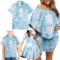 Aloha Hawaii Turtles Floral Family Matching Off Shoulder Short Dress and Hawaiian Shirt Aqua Marbles Glaze LT7 - Polynesian Pride