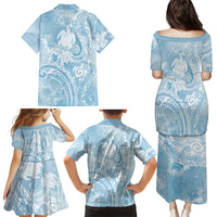 Aloha Hawaii Turtles Floral Family Matching Puletasi and Hawaiian Shirt Aqua Marbles Glaze LT7 - Polynesian Pride