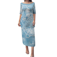 Aloha Hawaii Turtles Floral Family Matching Puletasi and Hawaiian Shirt Aqua Marbles Glaze LT7 Mom's Dress Aqua - Polynesian Pride