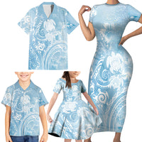 Aloha Hawaii Turtles Floral Family Matching Short Sleeve Bodycon Dress and Hawaiian Shirt Aqua Marbles Glaze LT7 - Polynesian Pride