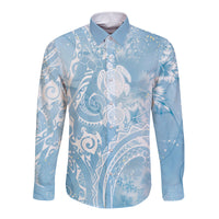 Aloha Hawaii Turtles Floral Long Sleeve Button Shirt Aqua Marbles Glaze LT7 Unisex Aqua - Polynesian Pride