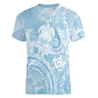 Aloha Hawaii Turtles Floral Women V-Neck T-Shirt Aqua Marbles Glaze LT7 - Polynesian Pride