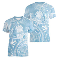 Aloha Hawaii Turtles Floral Women V-Neck T-Shirt Aqua Marbles Glaze LT7 - Polynesian Pride