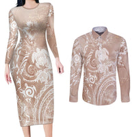 Aloha Hawaii Turtles Floral Couples Matching Long Sleeve Bodycon Dress and Long Sleeve Button Shirt Taupe Marbles Glaze LT7 Taupe - Polynesian Pride