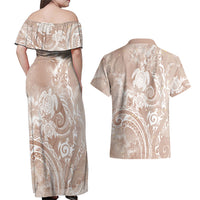 Aloha Hawaii Turtles Floral Couples Matching Off Shoulder Maxi Dress and Hawaiian Shirt Taupe Marbles Glaze LT7 - Polynesian Pride