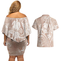 Aloha Hawaii Turtles Floral Couples Matching Off Shoulder Short Dress and Hawaiian Shirt Taupe Marbles Glaze LT7 - Polynesian Pride