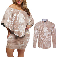Aloha Hawaii Turtles Floral Couples Matching Off Shoulder Short Dress and Long Sleeve Button Shirt Taupe Marbles Glaze LT7 Taupe - Polynesian Pride