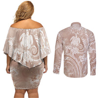 Aloha Hawaii Turtles Floral Couples Matching Off Shoulder Short Dress and Long Sleeve Button Shirt Taupe Marbles Glaze LT7 - Polynesian Pride