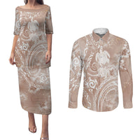 Aloha Hawaii Turtles Floral Couples Matching Puletasi and Long Sleeve Button Shirt Taupe Marbles Glaze LT7 Taupe - Polynesian Pride
