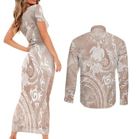 Aloha Hawaii Turtles Floral Couples Matching Short Sleeve Bodycon Dress and Long Sleeve Button Shirt Taupe Marbles Glaze LT7 - Polynesian Pride