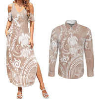 Aloha Hawaii Turtles Floral Couples Matching Summer Maxi Dress and Long Sleeve Button Shirt Taupe Marbles Glaze LT7 Taupe - Polynesian Pride