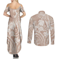 Aloha Hawaii Turtles Floral Couples Matching Summer Maxi Dress and Long Sleeve Button Shirt Taupe Marbles Glaze LT7 - Polynesian Pride