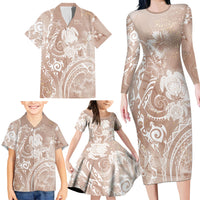 Aloha Hawaii Turtles Floral Family Matching Long Sleeve Bodycon Dress and Hawaiian Shirt Taupe Marbles Glaze LT7 - Polynesian Pride