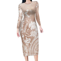 Aloha Hawaii Turtles Floral Family Matching Long Sleeve Bodycon Dress and Hawaiian Shirt Taupe Marbles Glaze LT7 Mom's Dress Taupe - Polynesian Pride