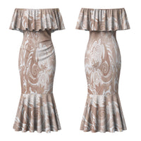 Aloha Hawaii Turtles Floral Family Matching Mermaid Dress and Hawaiian Shirt Taupe Marbles Glaze LT7 Mom's Dress Taupe - Polynesian Pride