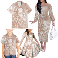 Aloha Hawaii Turtles Floral Family Matching Off The Shoulder Long Sleeve Dress and Hawaiian Shirt Taupe Marbles Glaze LT7 - Polynesian Pride