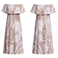 Aloha Hawaii Turtles Floral Family Matching Off Shoulder Maxi Dress and Hawaiian Shirt Taupe Marbles Glaze LT7 Mom's Dress Taupe - Polynesian Pride