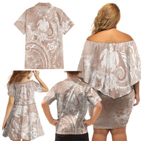 Aloha Hawaii Turtles Floral Family Matching Off Shoulder Short Dress and Hawaiian Shirt Taupe Marbles Glaze LT7 - Polynesian Pride
